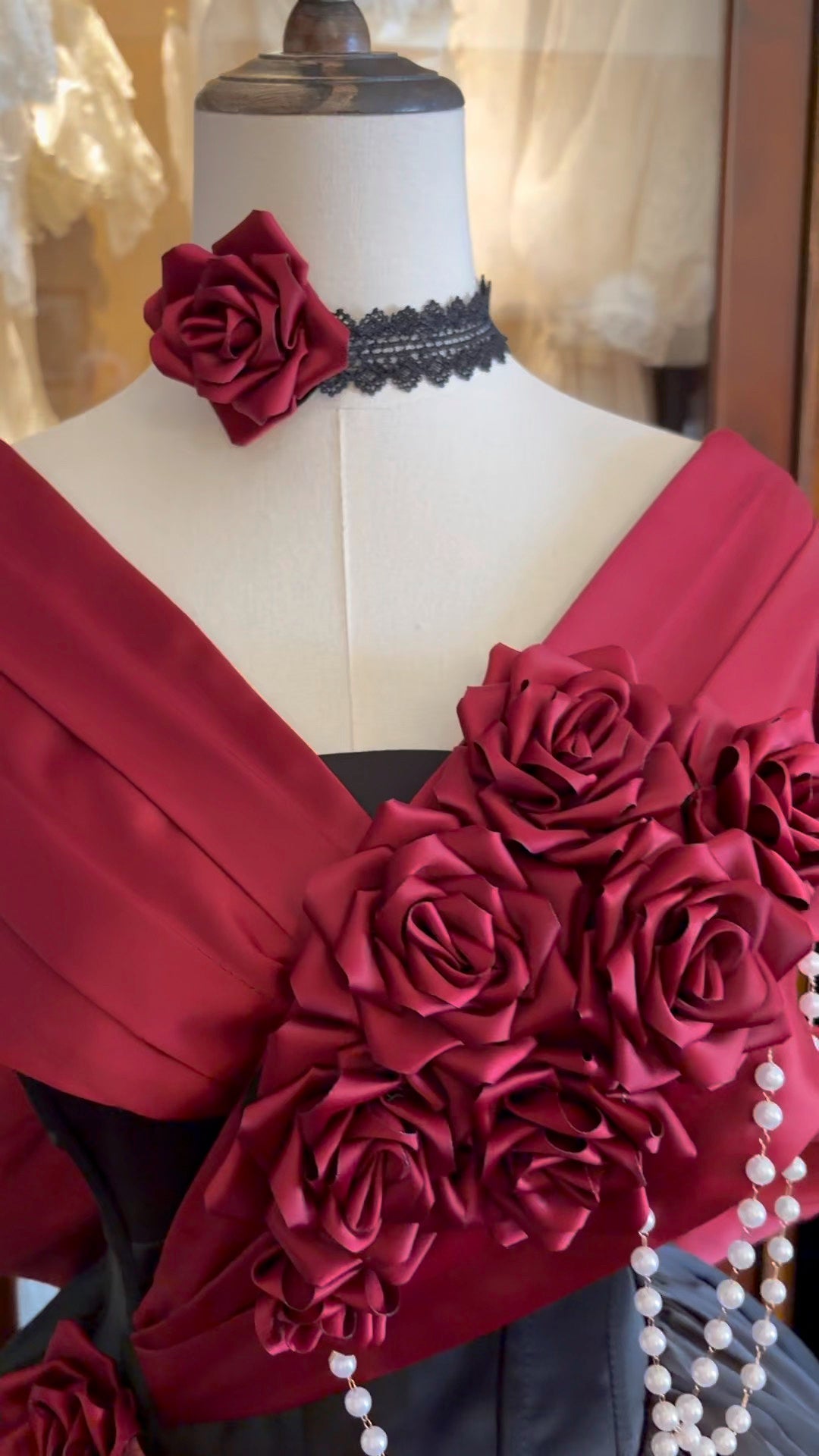 Rose 3D Floral Pearl Gothic Lolita Ball Gown OP Dress