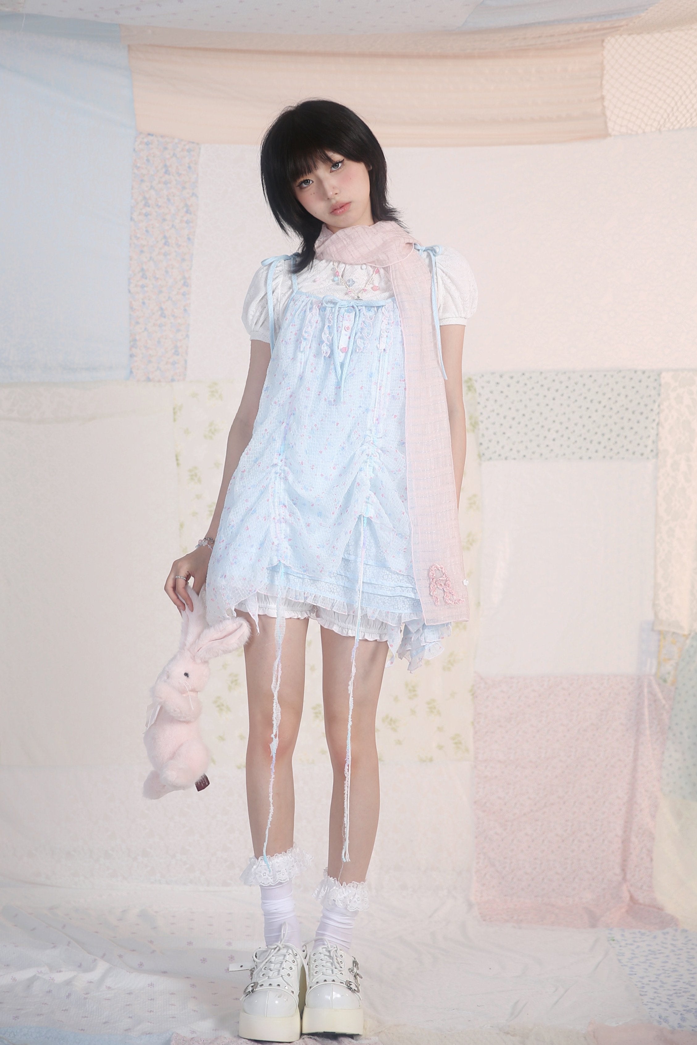 Jellyfish Pink Blue Lace Mesh Flared Pants Slip Dress Fairycore Set