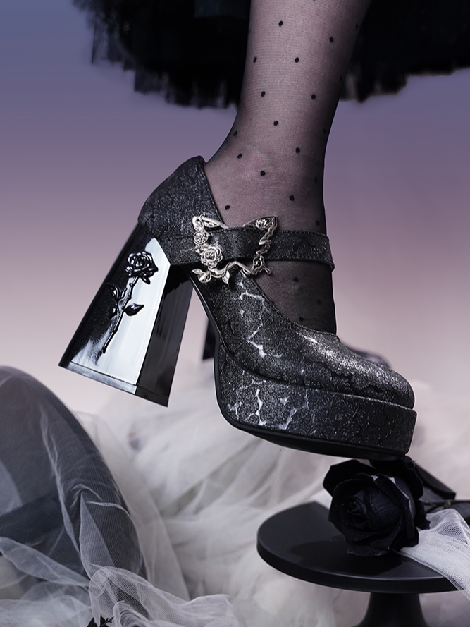 Aeterna Vernalis Elegant Butterfly‑Rose Ornament Lolita Block‑Heel Pumps
