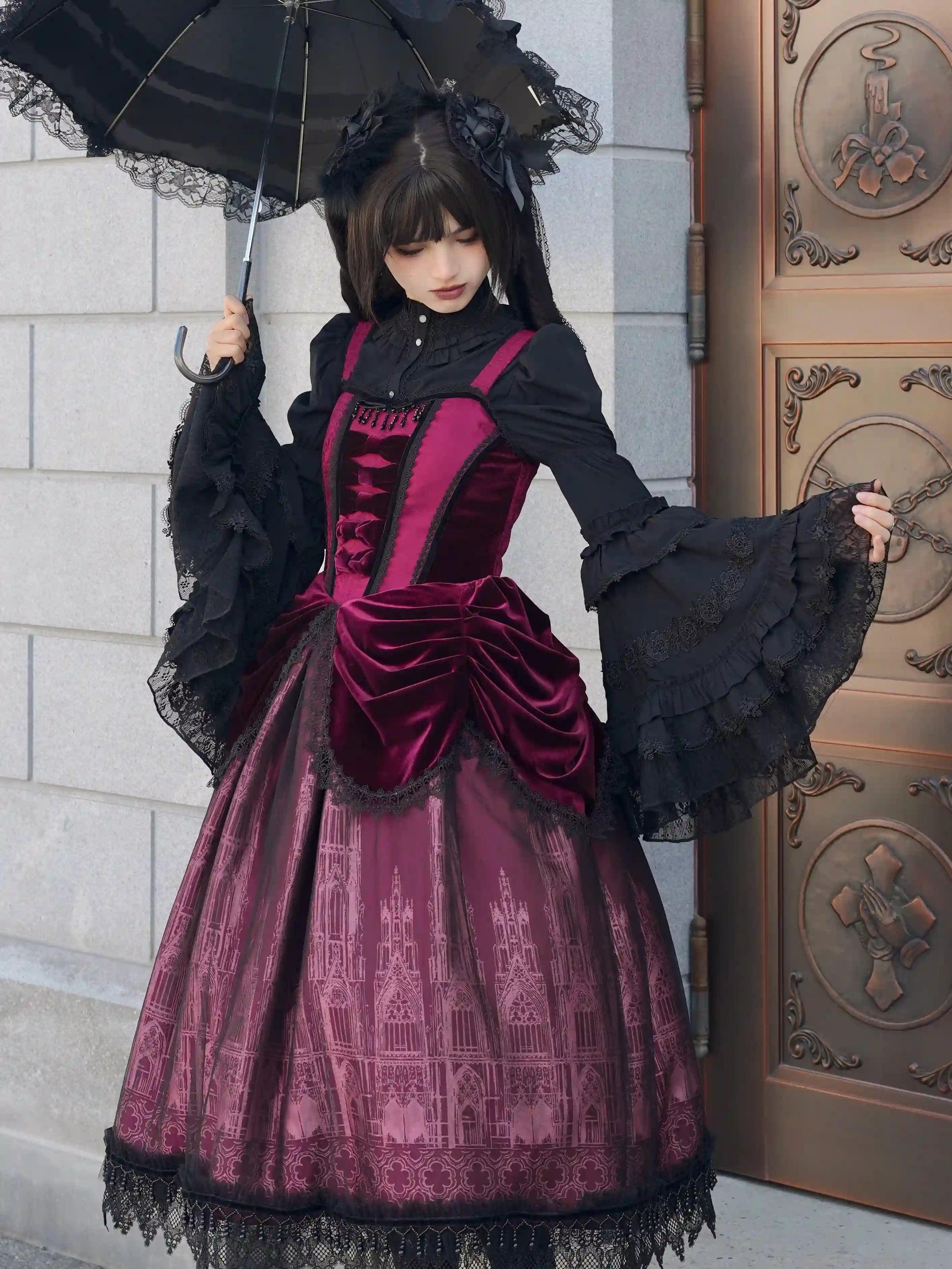 Gothic Cathedral Velvet Lace Corset Lolita JSK and Jacket Set