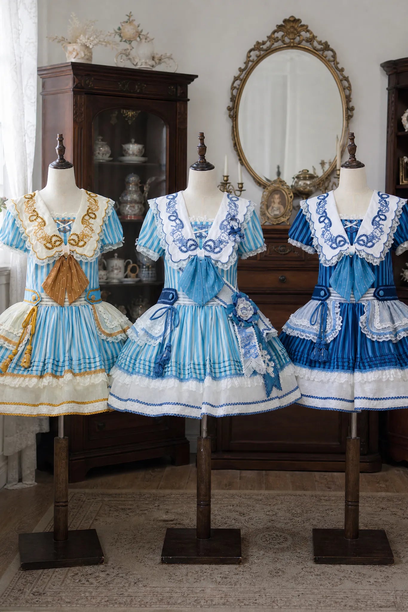 Antique Sailor Bear Blue Stripe Low Waist Lolita OP Dress