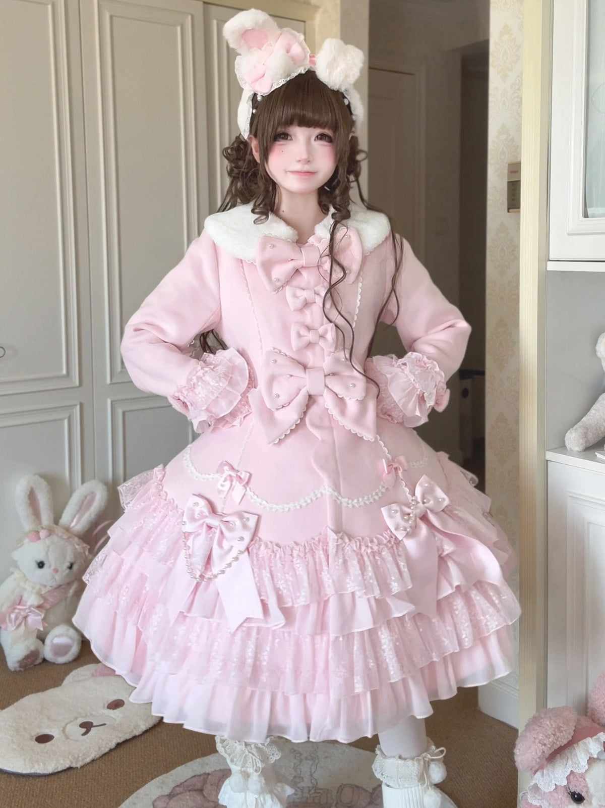 Pearl Petal Lolita Original Autumn & Winter Pink Outer Coat