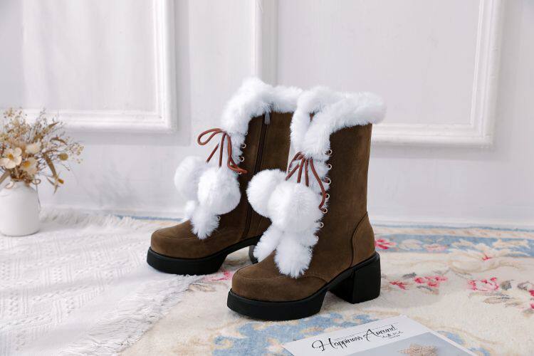 Sweet Lolita Faux Fur Pom Pom Christmas Block Heel Snow Boots