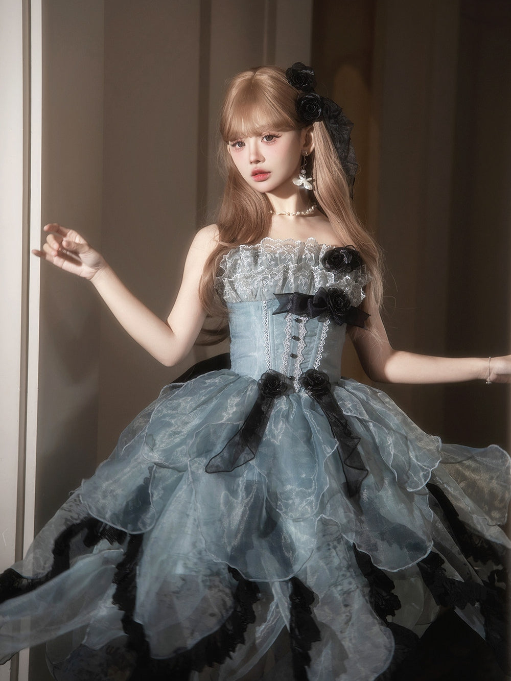 Silver Feather Lolita Cla Monet Organza Boned JSK Dress