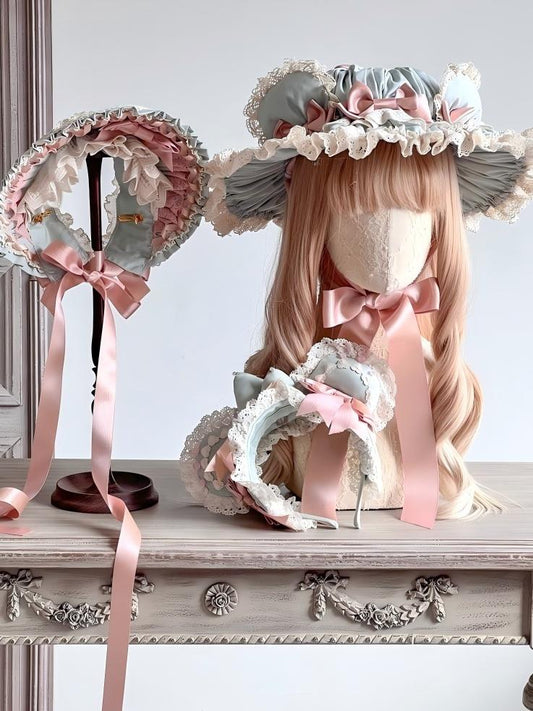 Lolita Kawaii Bear Pink & Green Hair Clip KC Bonnet LA1004