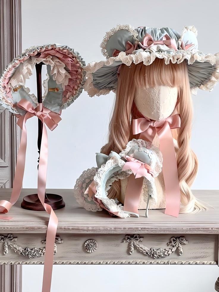 Lolita Kawaii Bear Pink & Green Hair Clip KC Bonnet LA1004