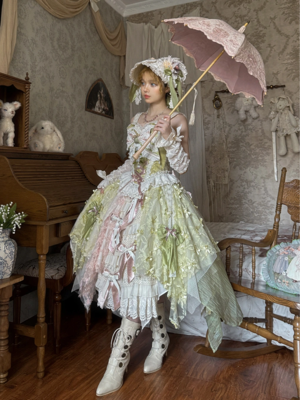 Whisper of Spring Field Lolita Original Green Boned Corset & Skirt Set