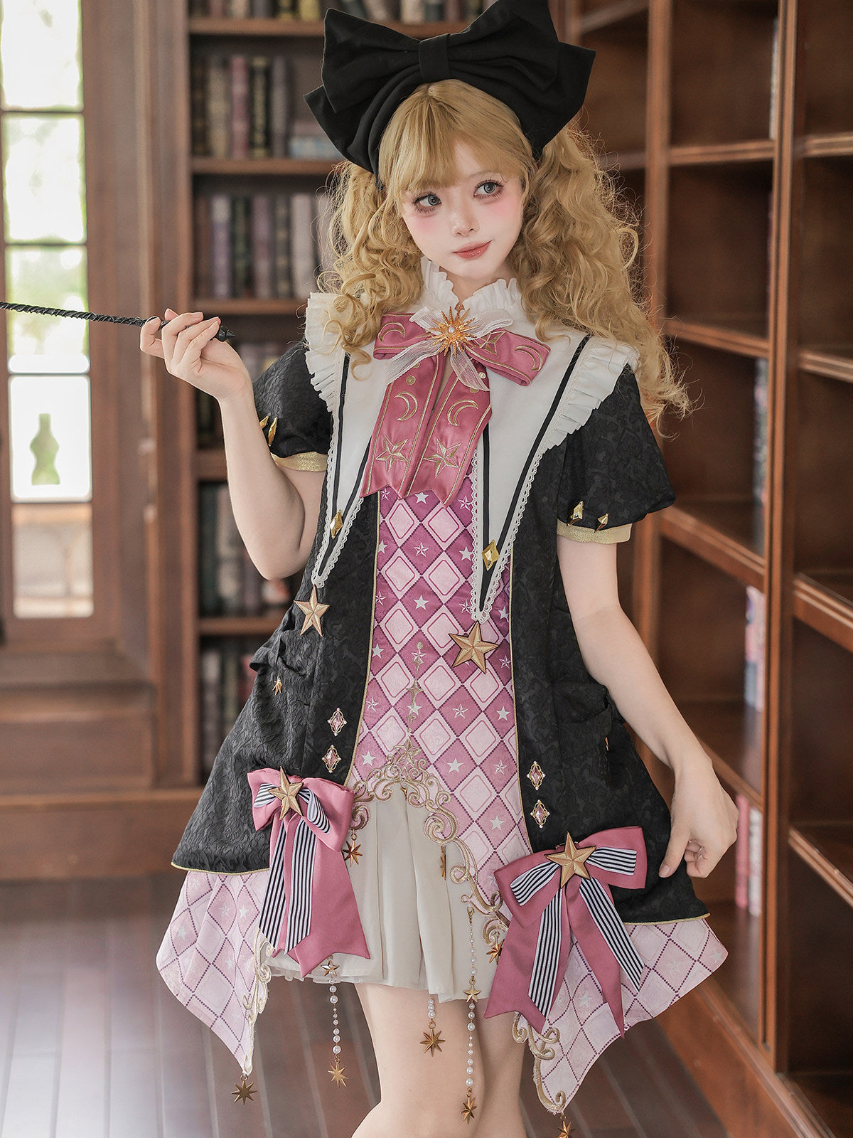 Star Magician Pink Plaid Magic Academy Lolita Coat Dress Set