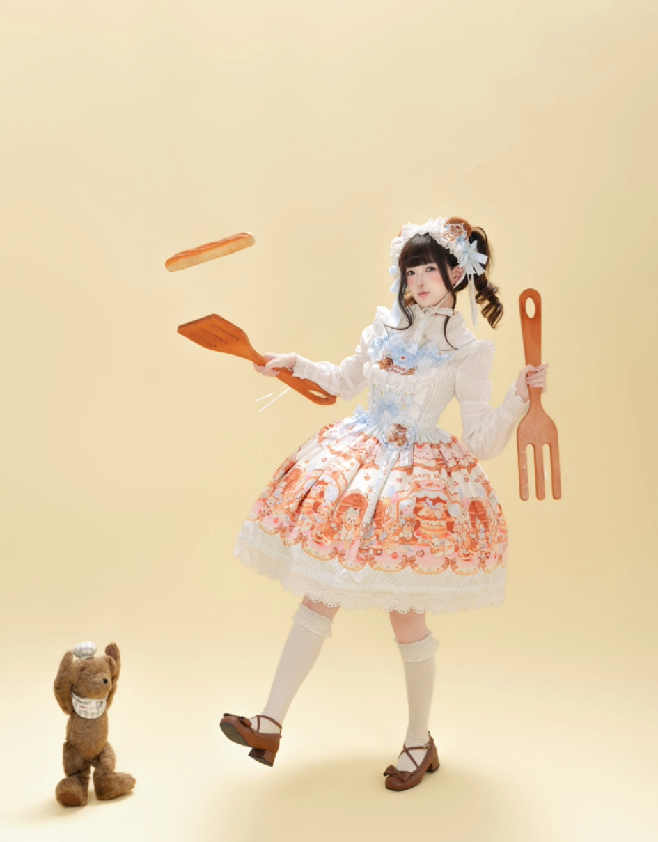 Cream Waffle Bear Lolita OP/JSK Dress