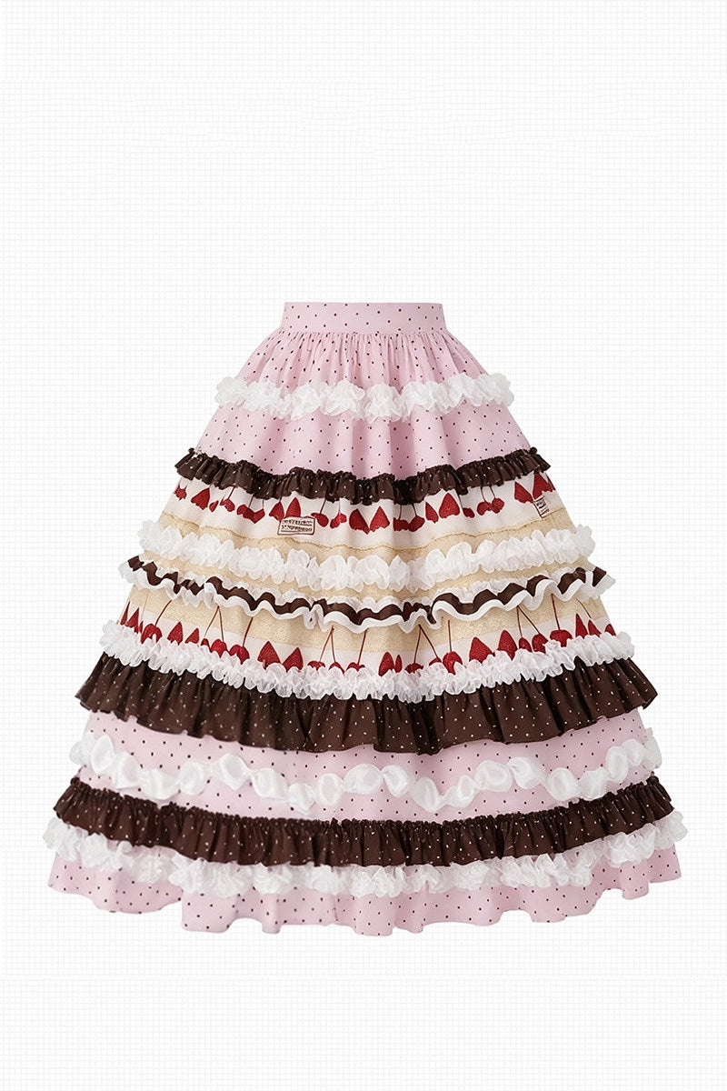 Chocolate Strawberry Polka Dot Puffy Long Cake Skirt