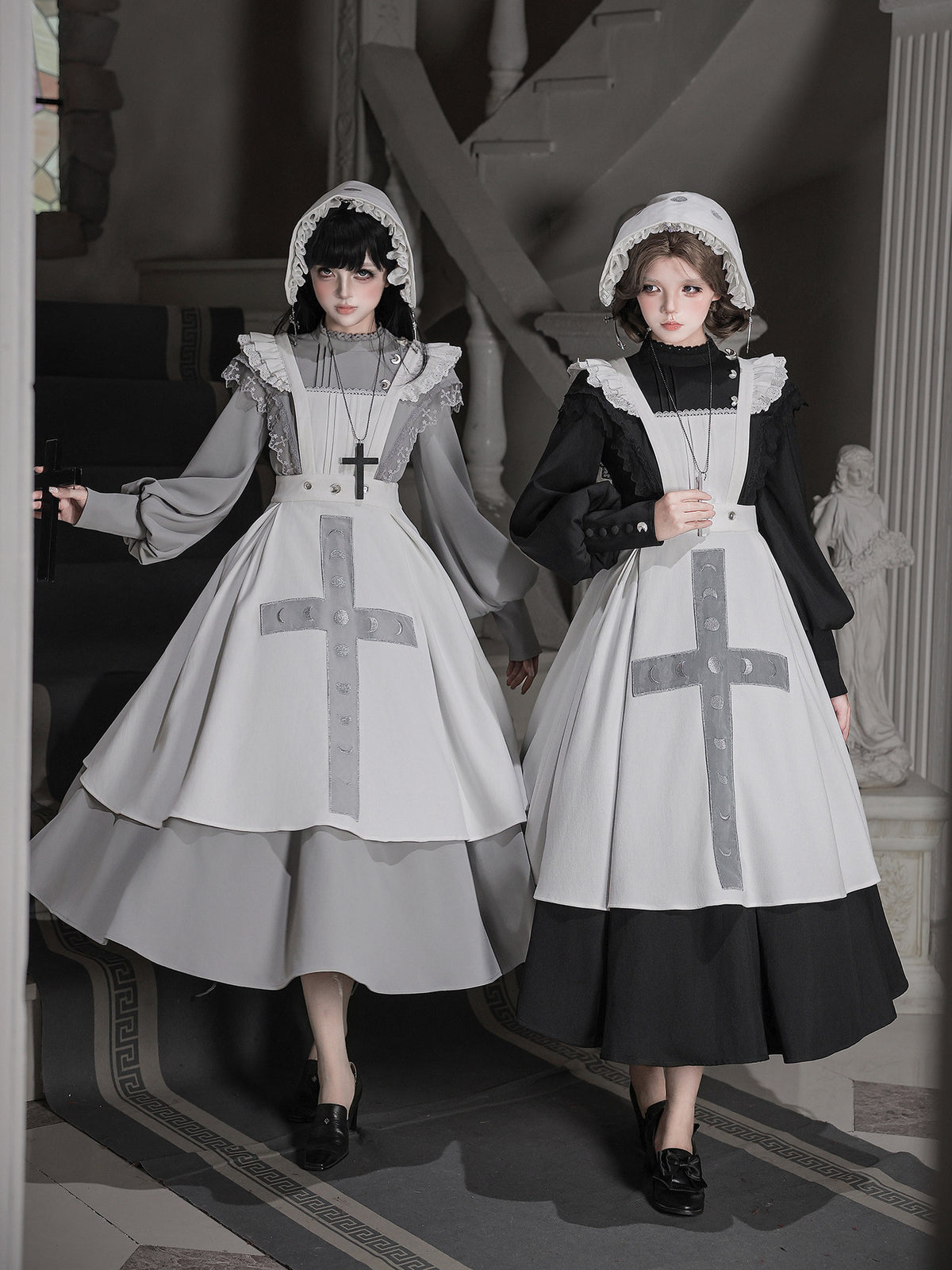 Moon Phase Lolita Gothic Lace High Collar Apron OP Dress