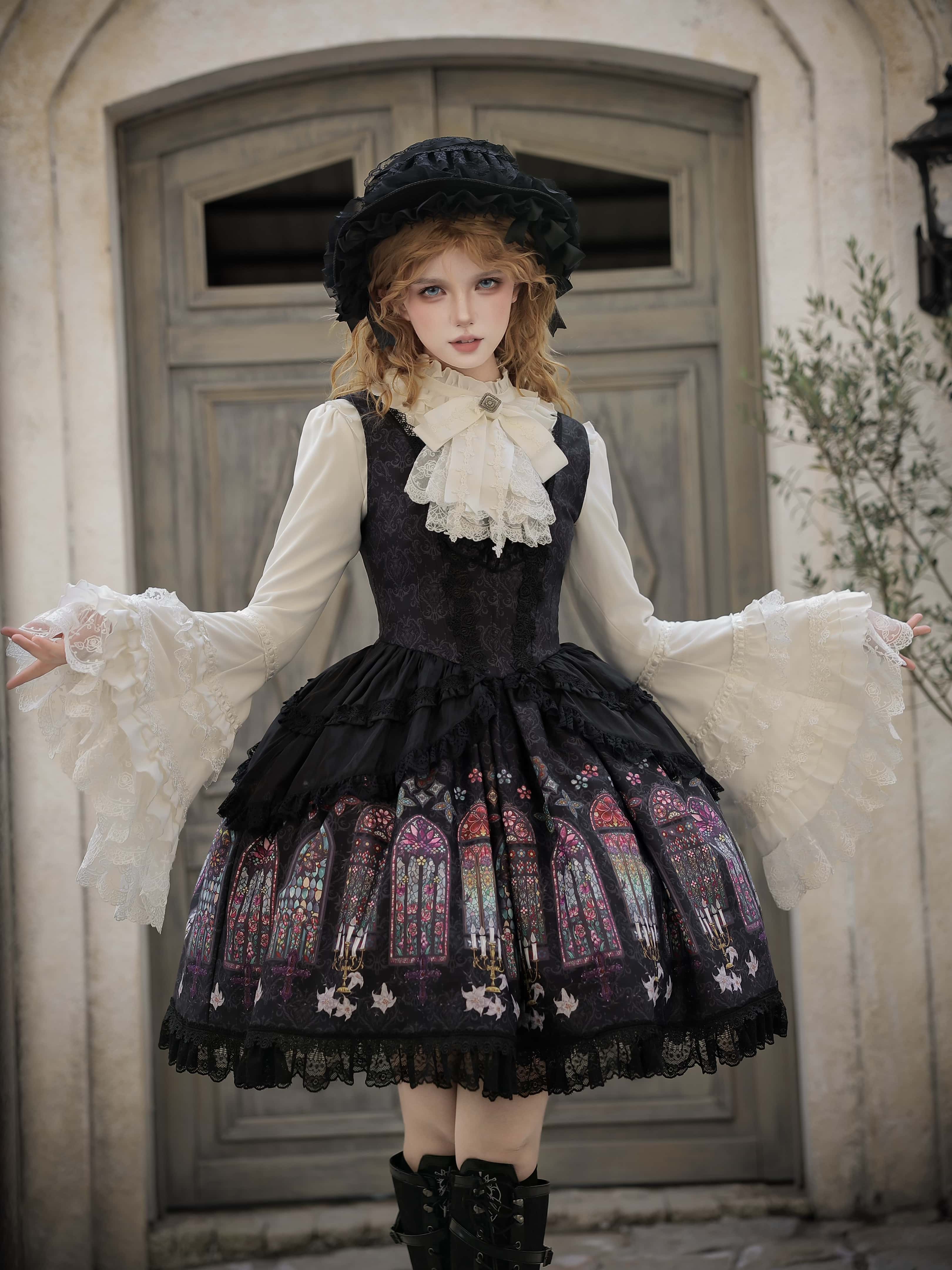 Dark Gothic Cathedral Stained Glass Print Lolita JSK & Blouse Set