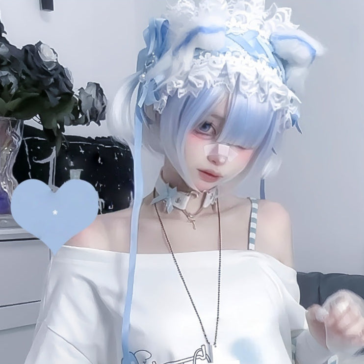 Short Aqua to White Y2K Wig with Detachable Twin TailsLE7020