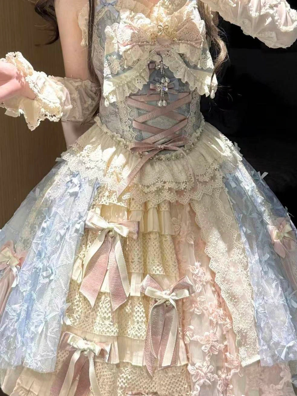 Whisper of Spring Field Lolita Original Blue Boned Corset & Skirt Set