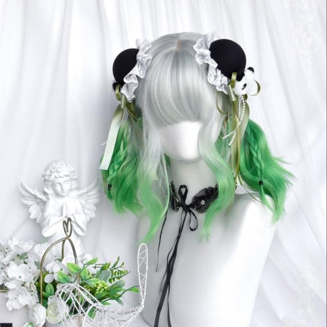 Short Curly Silver to Green Y2K Wig LE7012