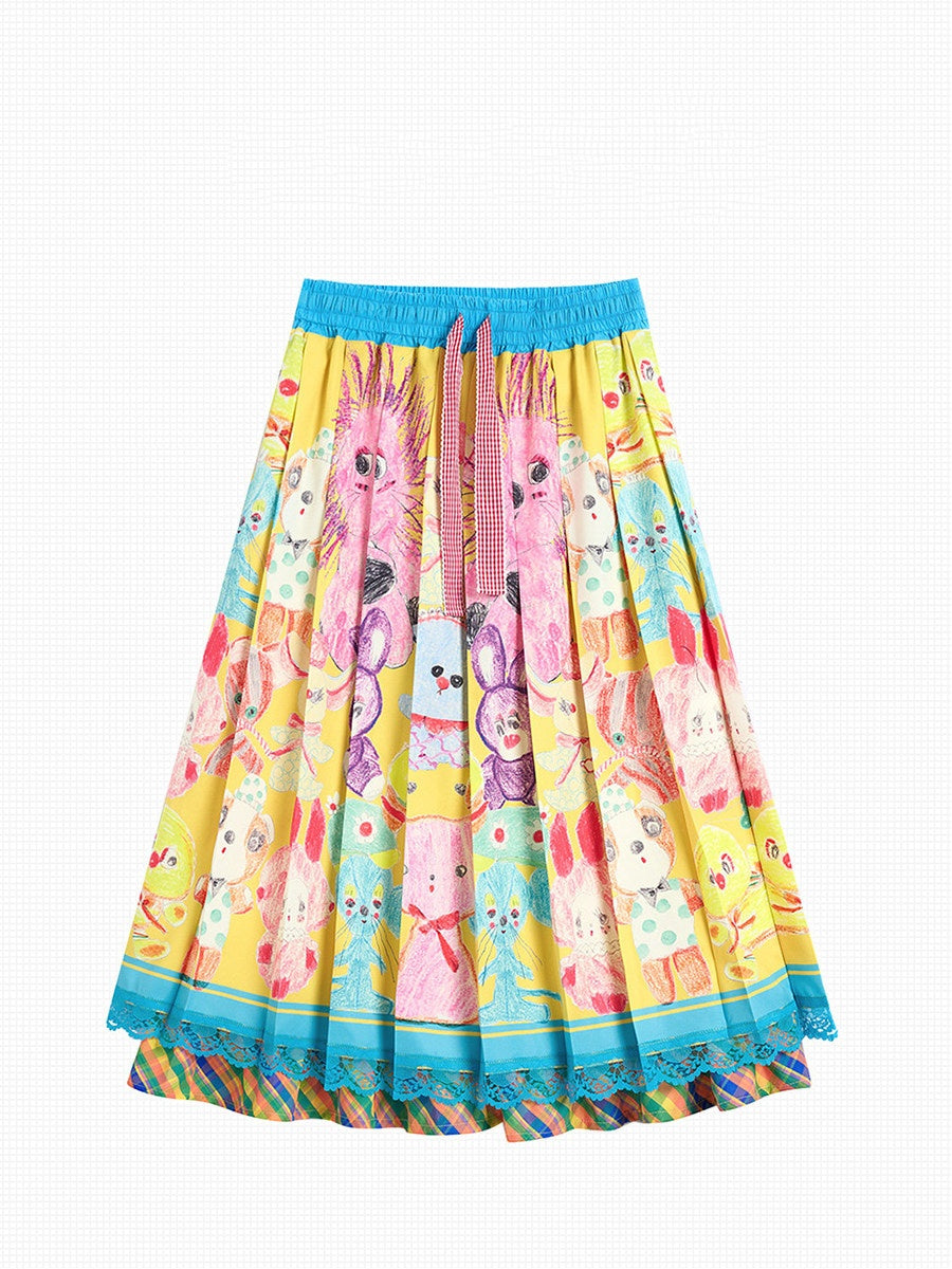 Color Block Doll Graffiti Pleated Long Skirt