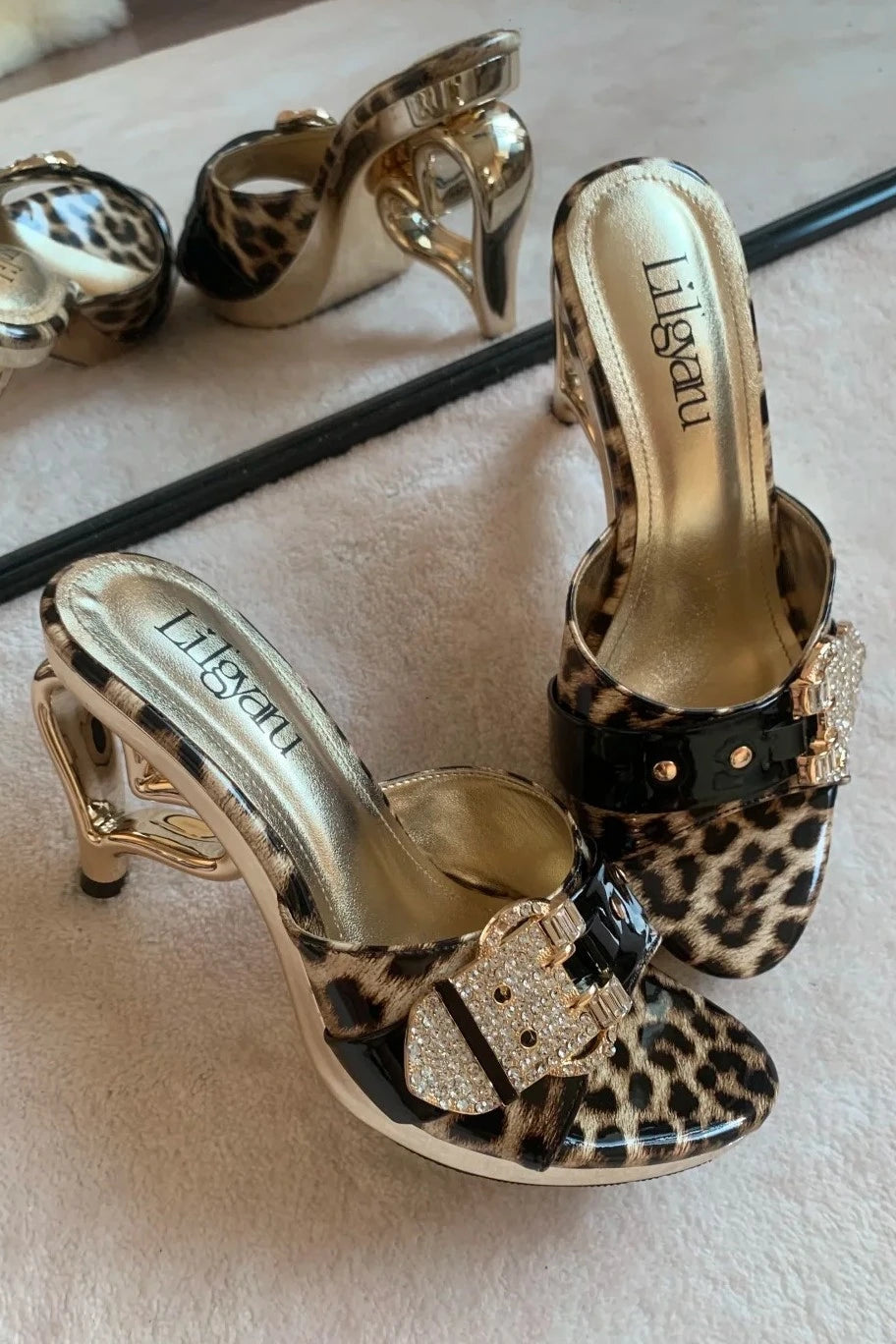 Heart Heel Leopard Print Rhinestone Gyaru High Heels Gold Silver Y2K