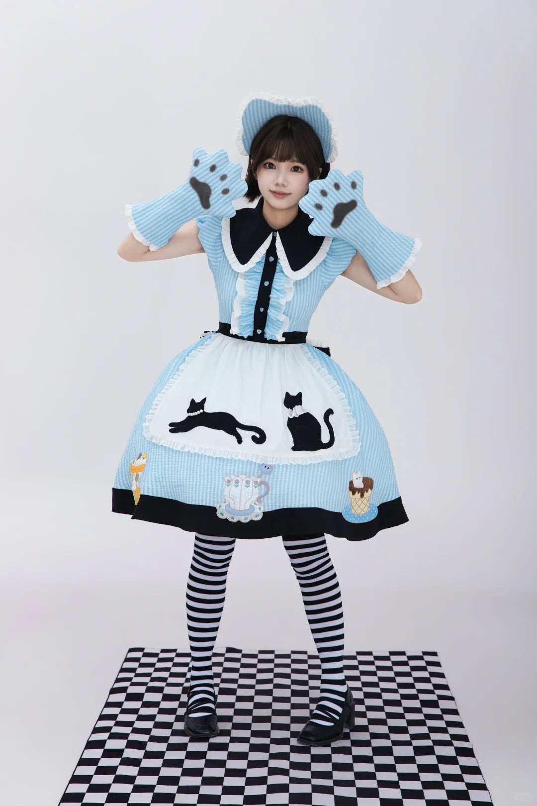 Tea Cup Meow Blue Black Cat Ear Alice Apron Sweet Lolita OP Dress