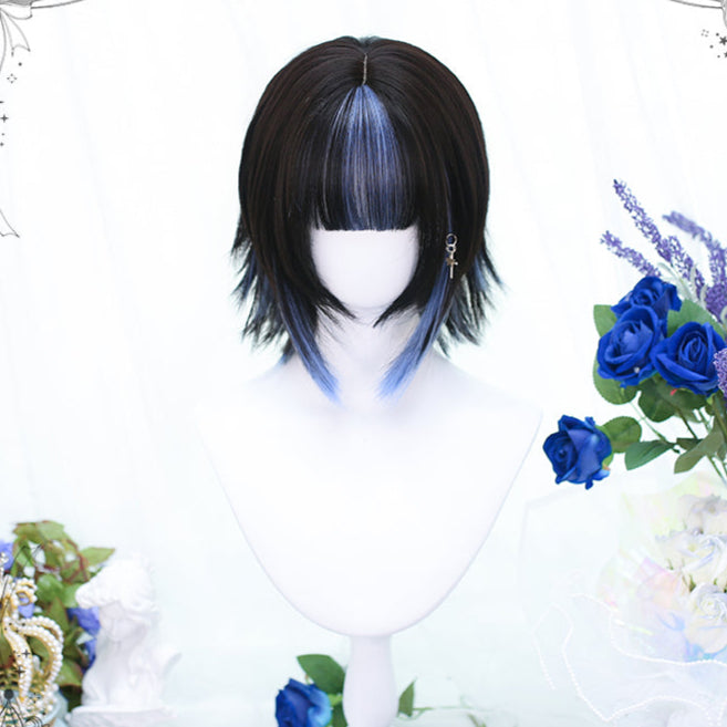 Short Dark Brown Y2K Wig with Blue Highlights LE7029