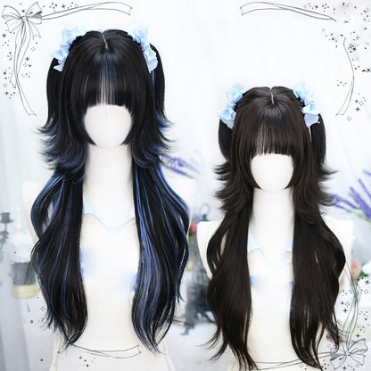 Long Black Curly Y2K Wig with Blue Highlights LE7008