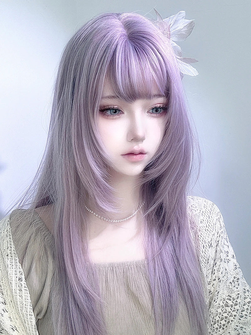 Ash Purple Ethereal Long Straight Wig with Bangs LE7017