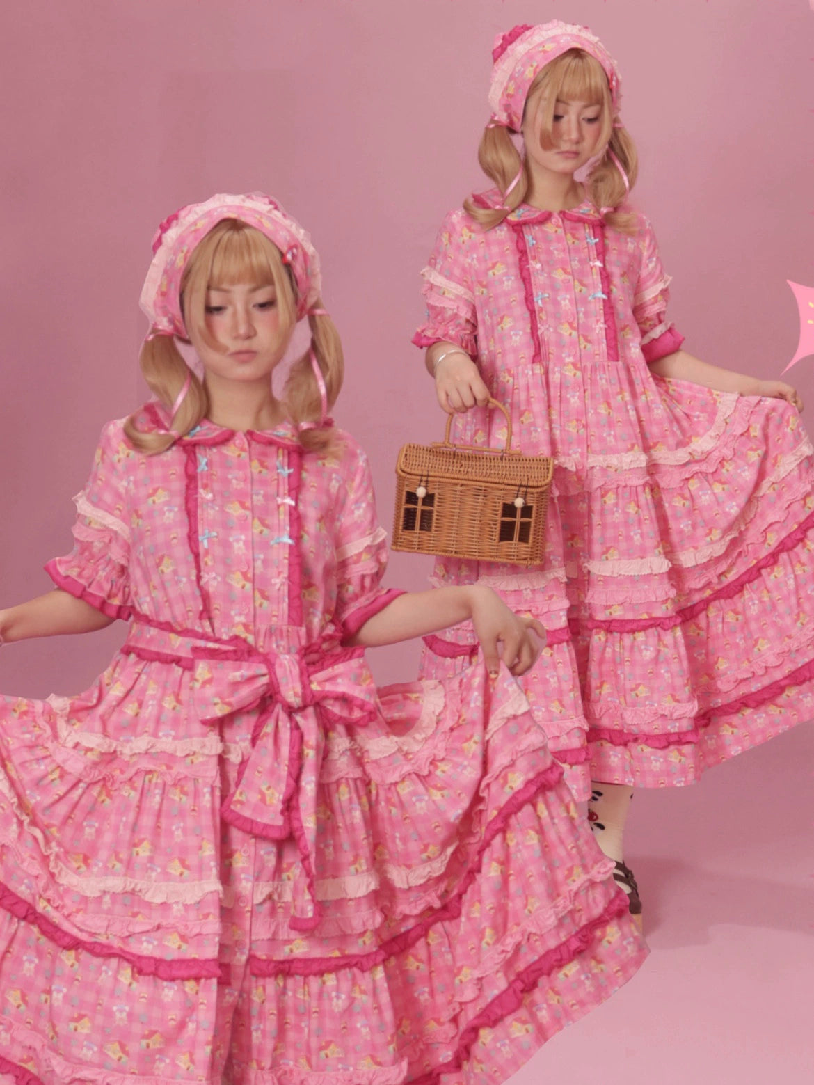 Maiden Tulle Lolita Pink & White Two-tone Spliced Overdress Dress Set