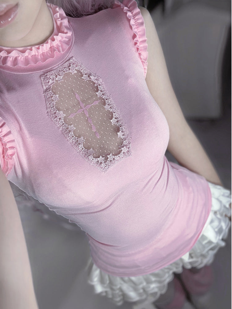 Lolita Gothic Cross Cut Out Tee & Corset Vest Set LE1037