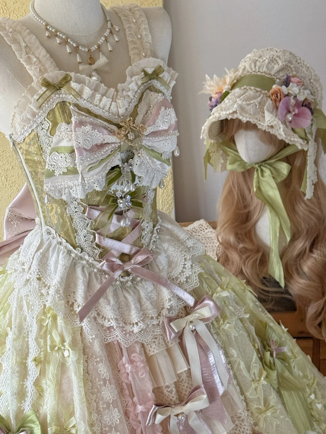 Whisper of Spring Field Lolita Original Green Boned Corset & Skirt Set