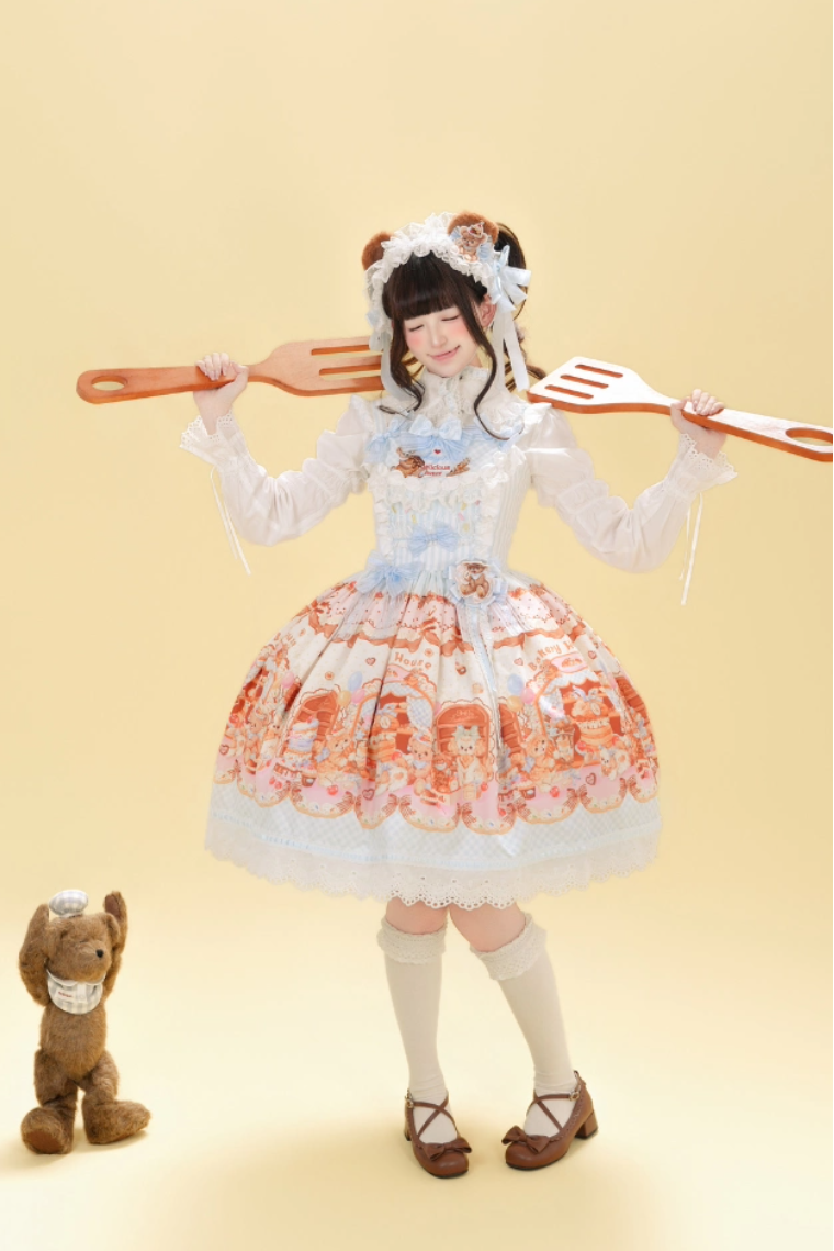 Cream Waffle Bear Lolita OP/JSK Dress