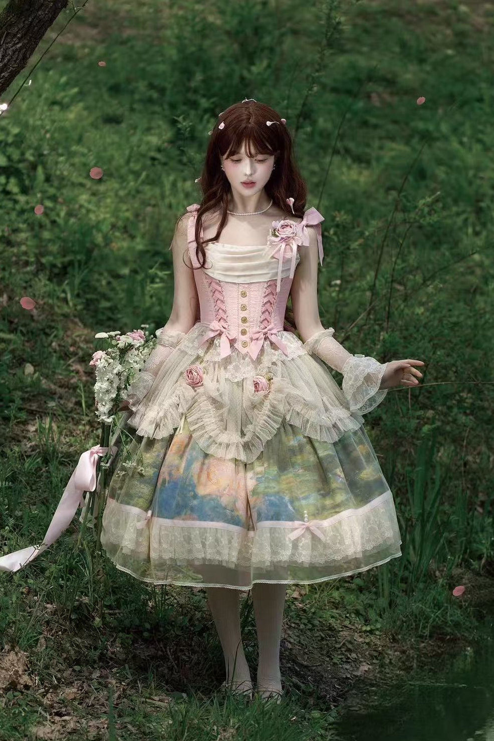 Monet's Garden Oil Painting Classic Lolita Corset & SK Dress Set