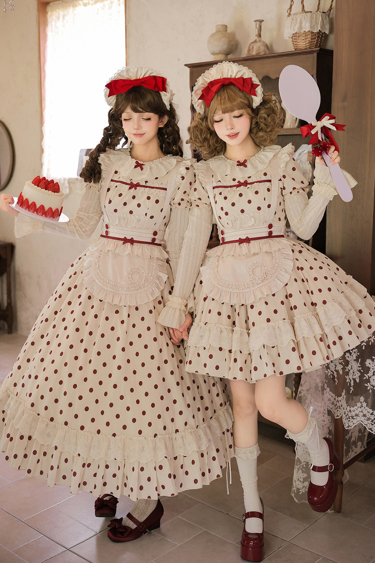 Apricot [Lollipop] Cotton Round Collar Long Lantern Sleeves Polka Dot Printed Ruffled Bow Lace Sweet Elegant Lolita Dress 2 Versions