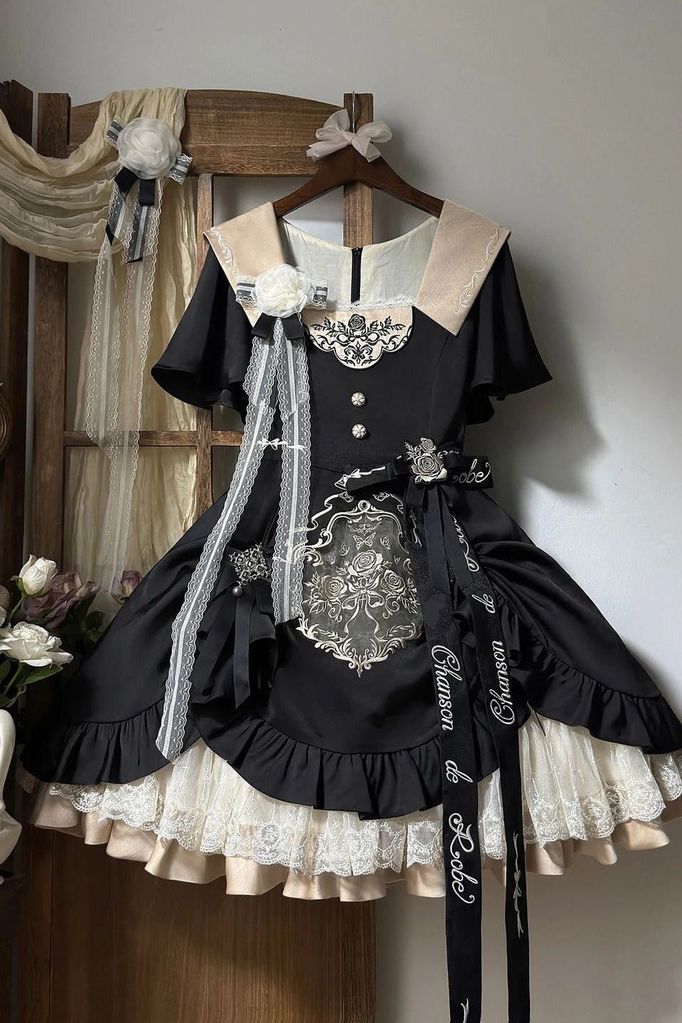 Glaze Floral Realm Lolita Printed Black OP Dress Set