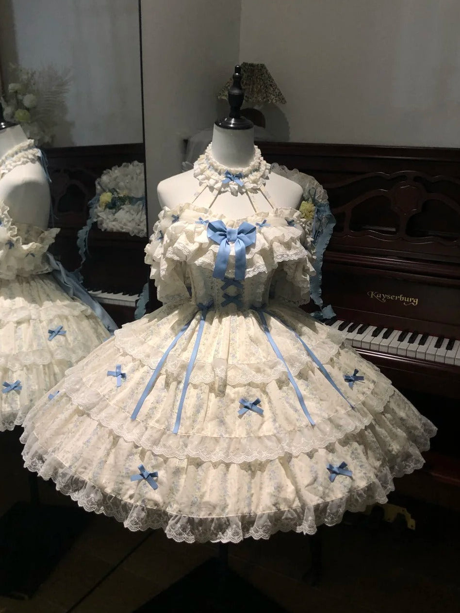 Blue Floral Halter Lolita Dress with Trailing Hat