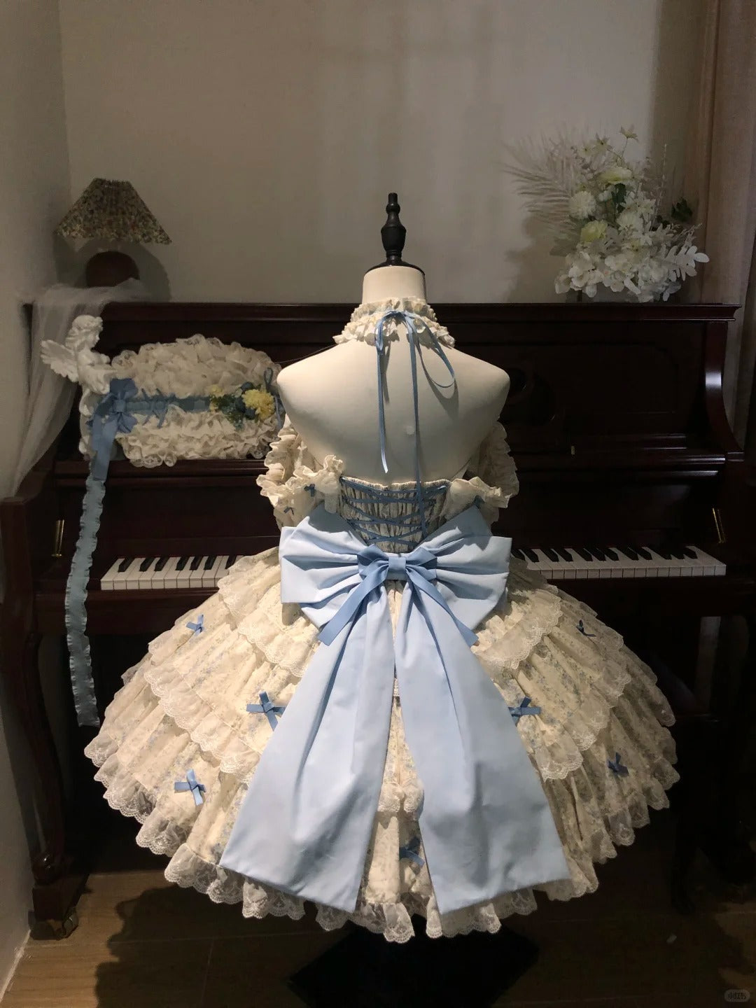 Blue Floral Halter Lolita Dress with Trailing Hat