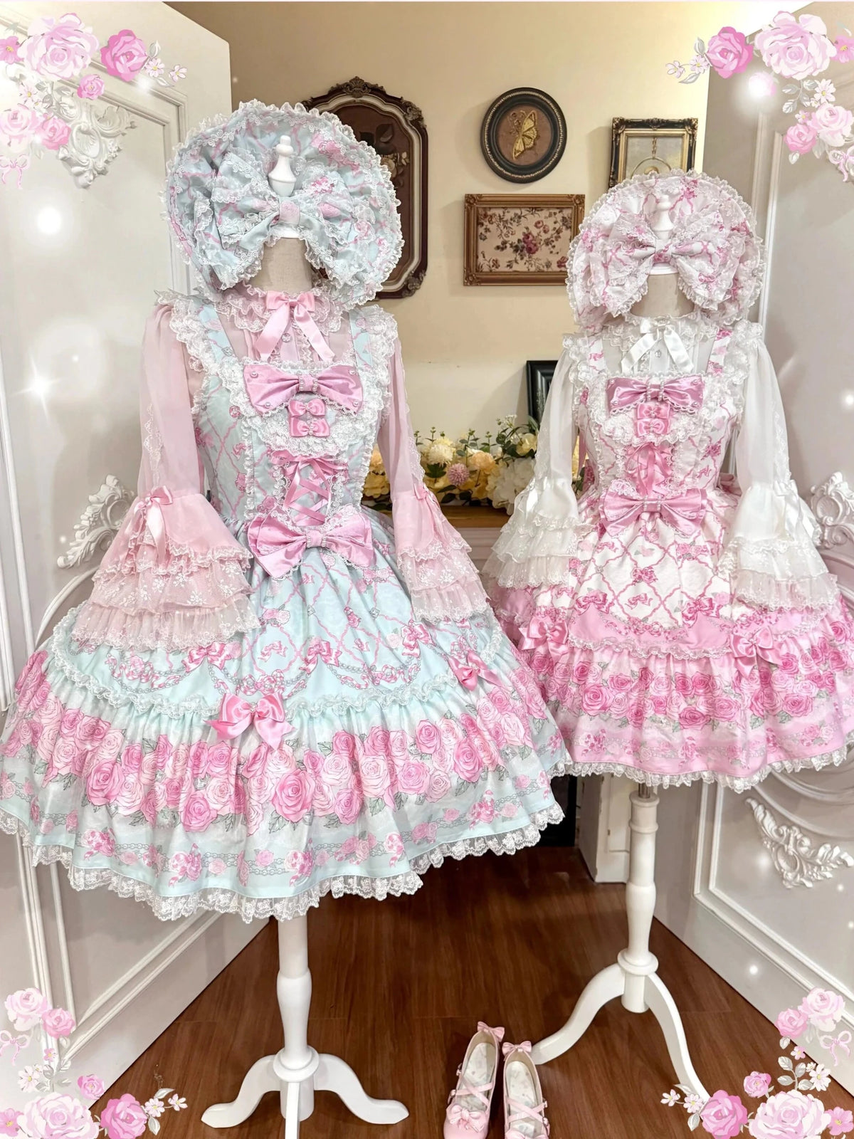 2026 Summer Rose Lattice Tiered Sweet Lolita JSK Dress with Bow Headpiece - LolitaEra