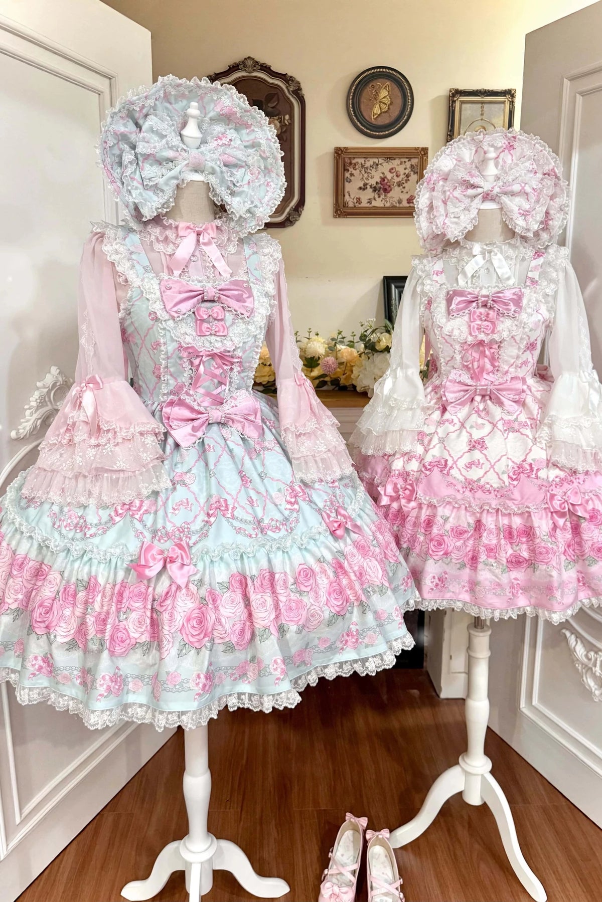 2026 Summer Rose Lattice Tiered Sweet Lolita JSK Dress with Bow Headpiece - LolitaEra