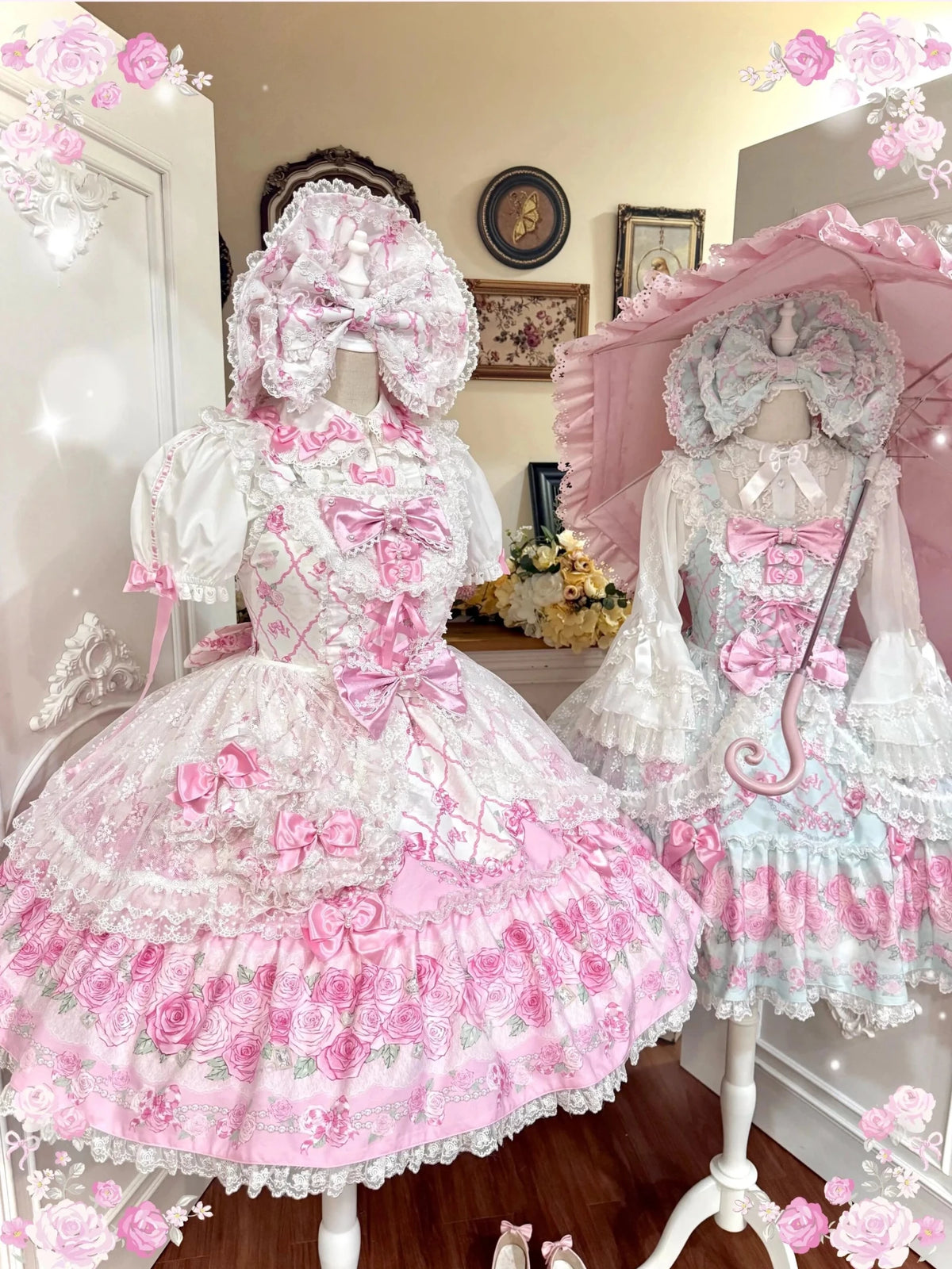 2026 Summer Rose Lattice Tiered Sweet Lolita JSK Dress with Bow Headpiece - LolitaEra