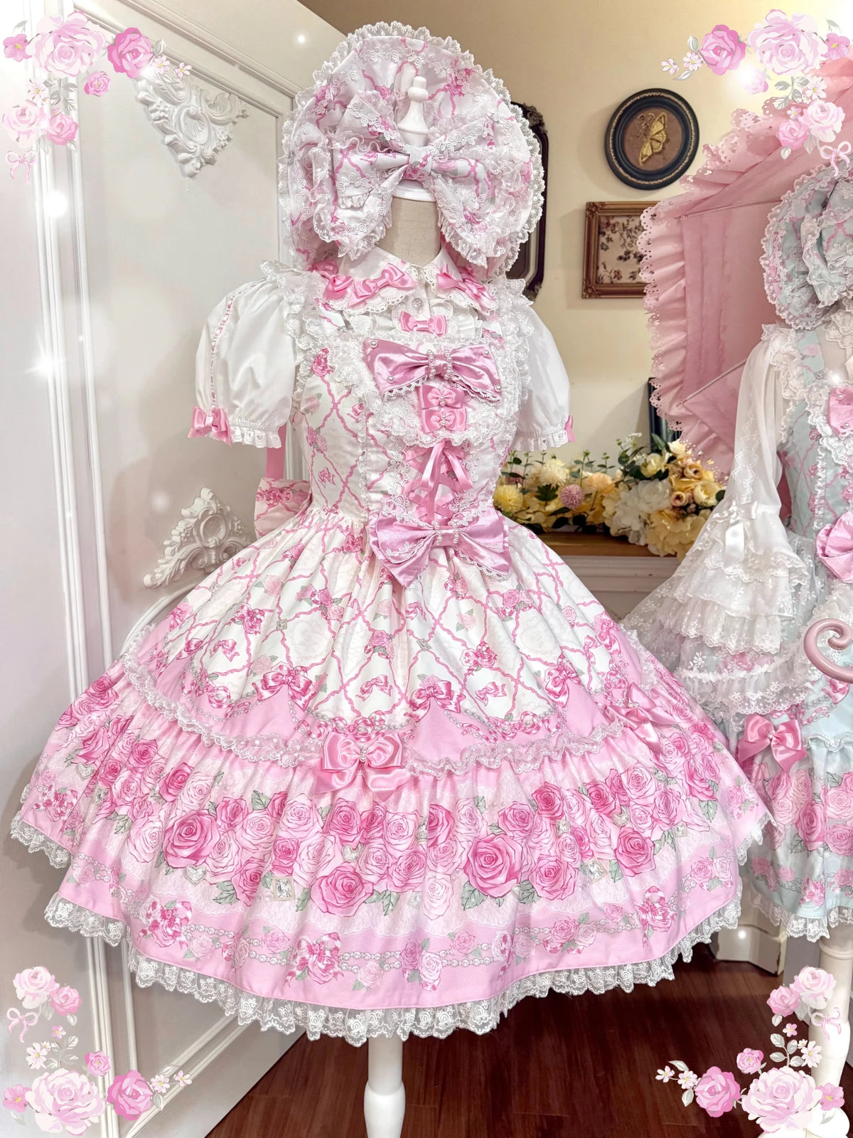 2026 Summer Rose Lattice Tiered Sweet Lolita JSK Dress with Bow Headpiece - LolitaEra