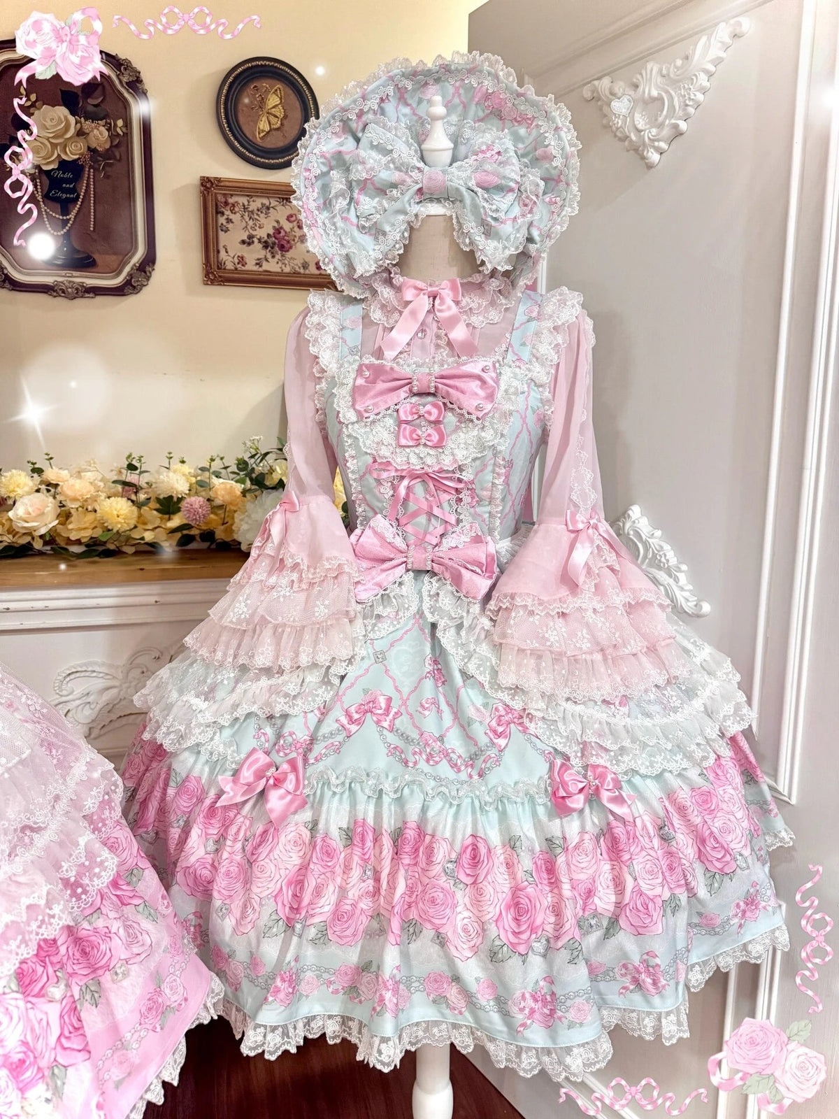 2026 Summer Rose Lattice Tiered Sweet Lolita JSK Dress with Bow Headpiece - LolitaEra