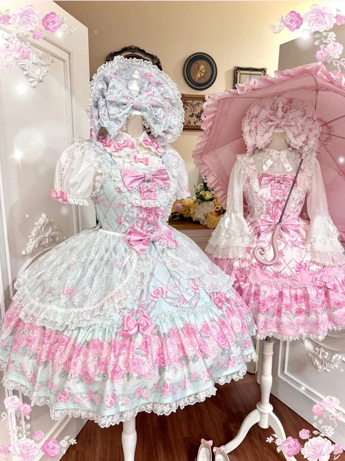 2026 Summer Rose Lattice Tiered Sweet Lolita JSK Dress with Bow Headpiece - LolitaEra