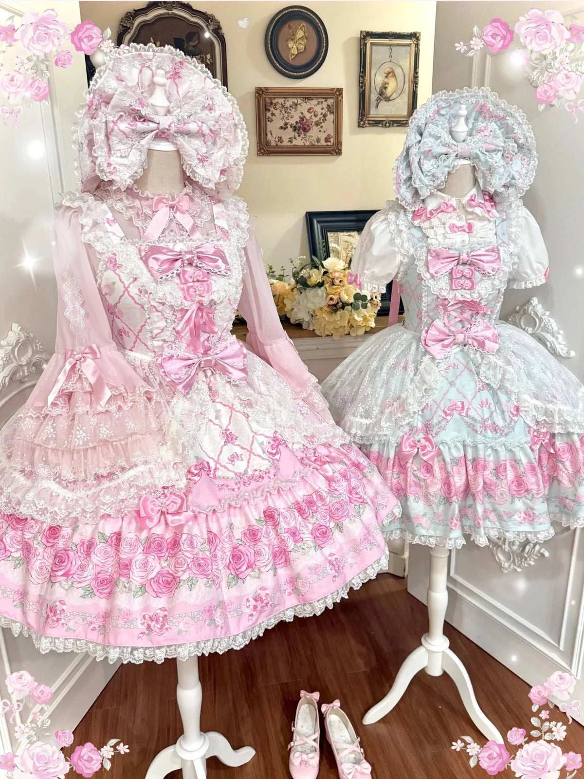 2026 Summer Rose Lattice Tiered Sweet Lolita JSK Dress with Bow Headpiece - LolitaEra