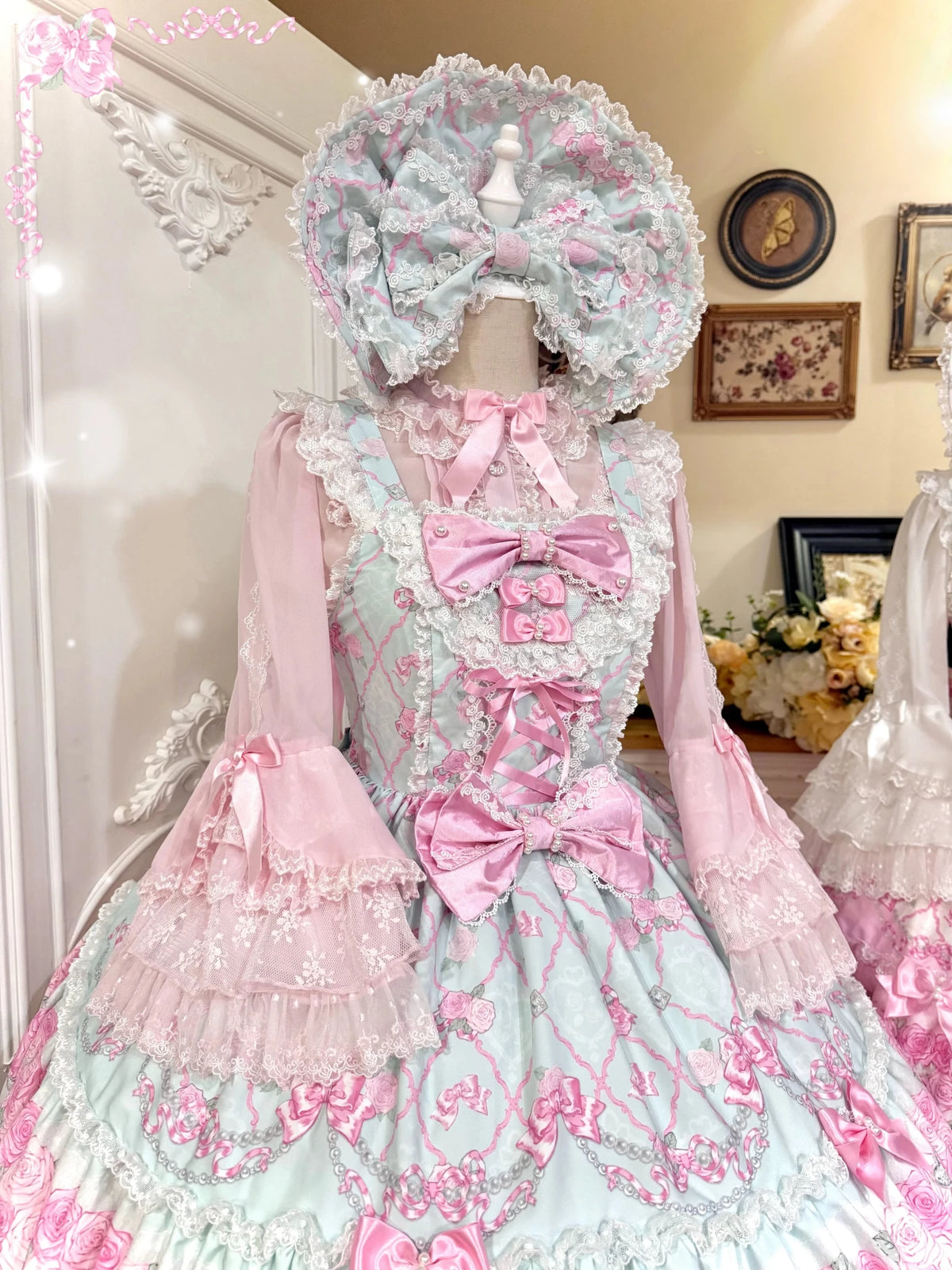 2026 Summer Rose Lattice Tiered Sweet Lolita JSK Dress with Bow Headpiece - LolitaEra