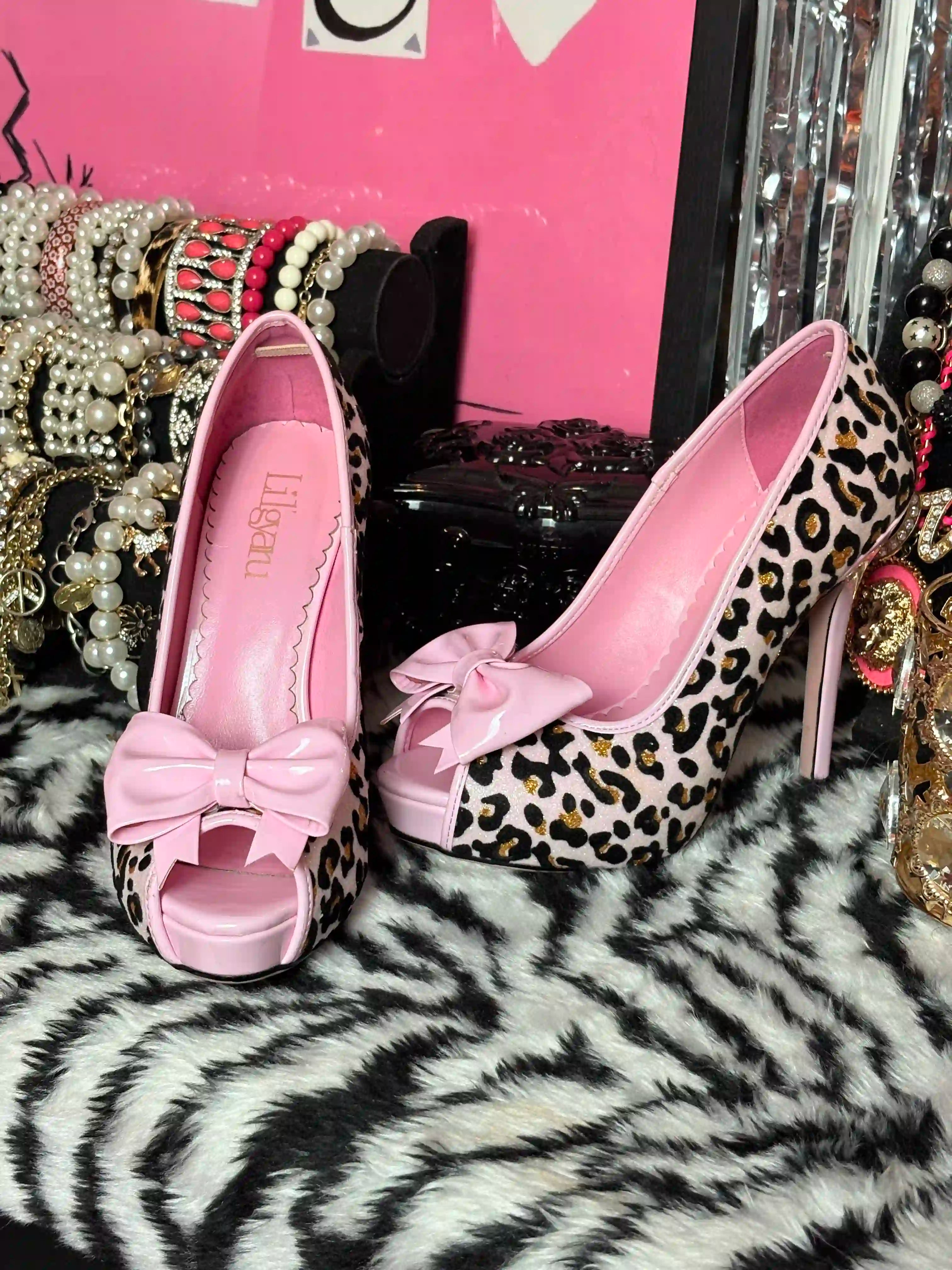 Leopard Print Peep Toe Platform High Heels Shibuya Gal Hime Style