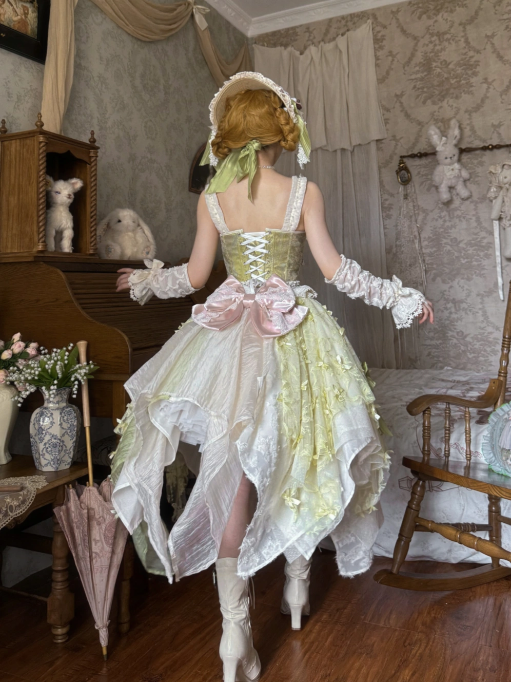Whisper of Spring Field Lolita Original Green Boned Corset & Skirt Set