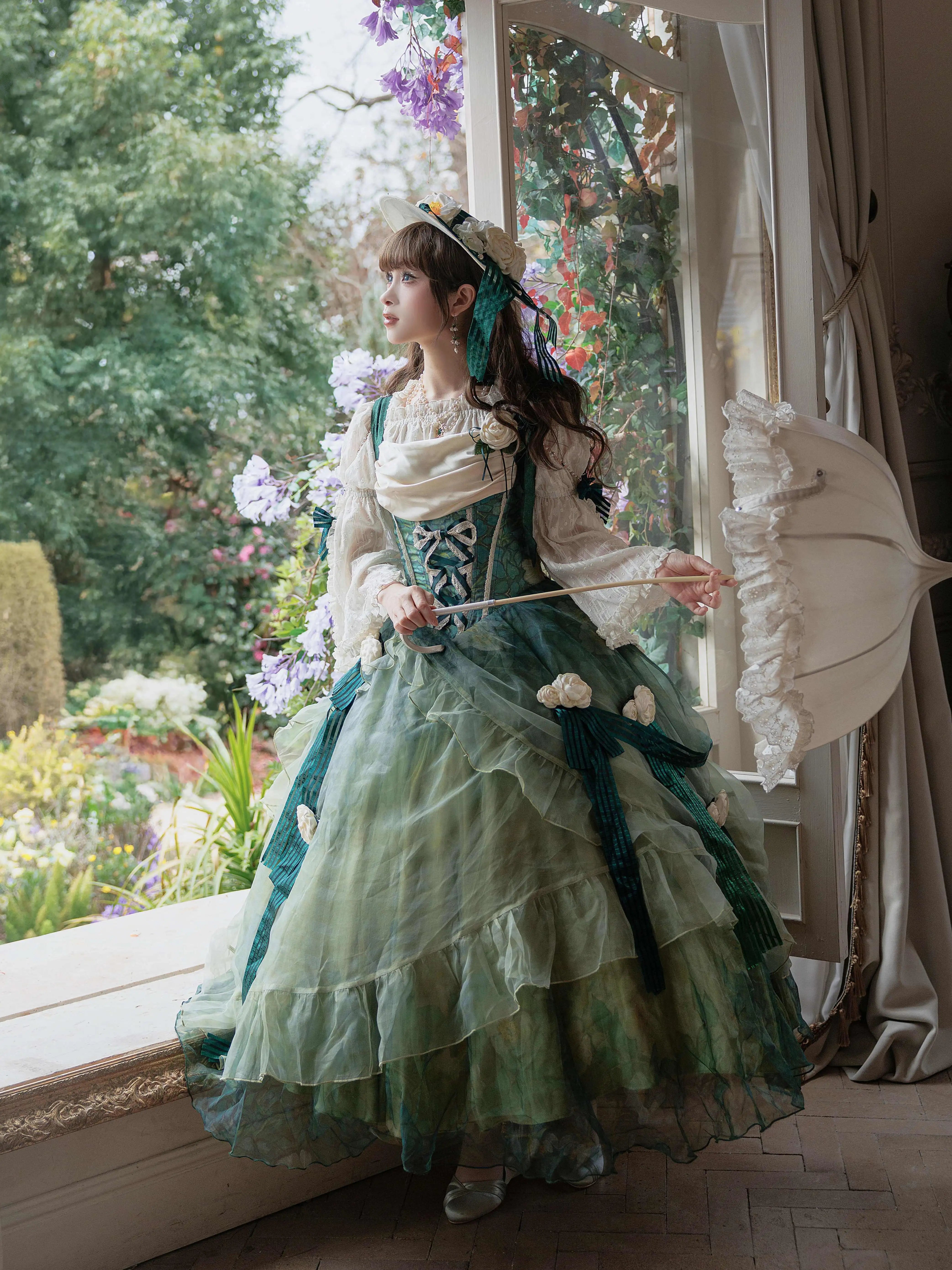 Wild Roses of Arles Purple Green Oil Painting Print Cowl Neck Tail JSK Classic Lolita Dress