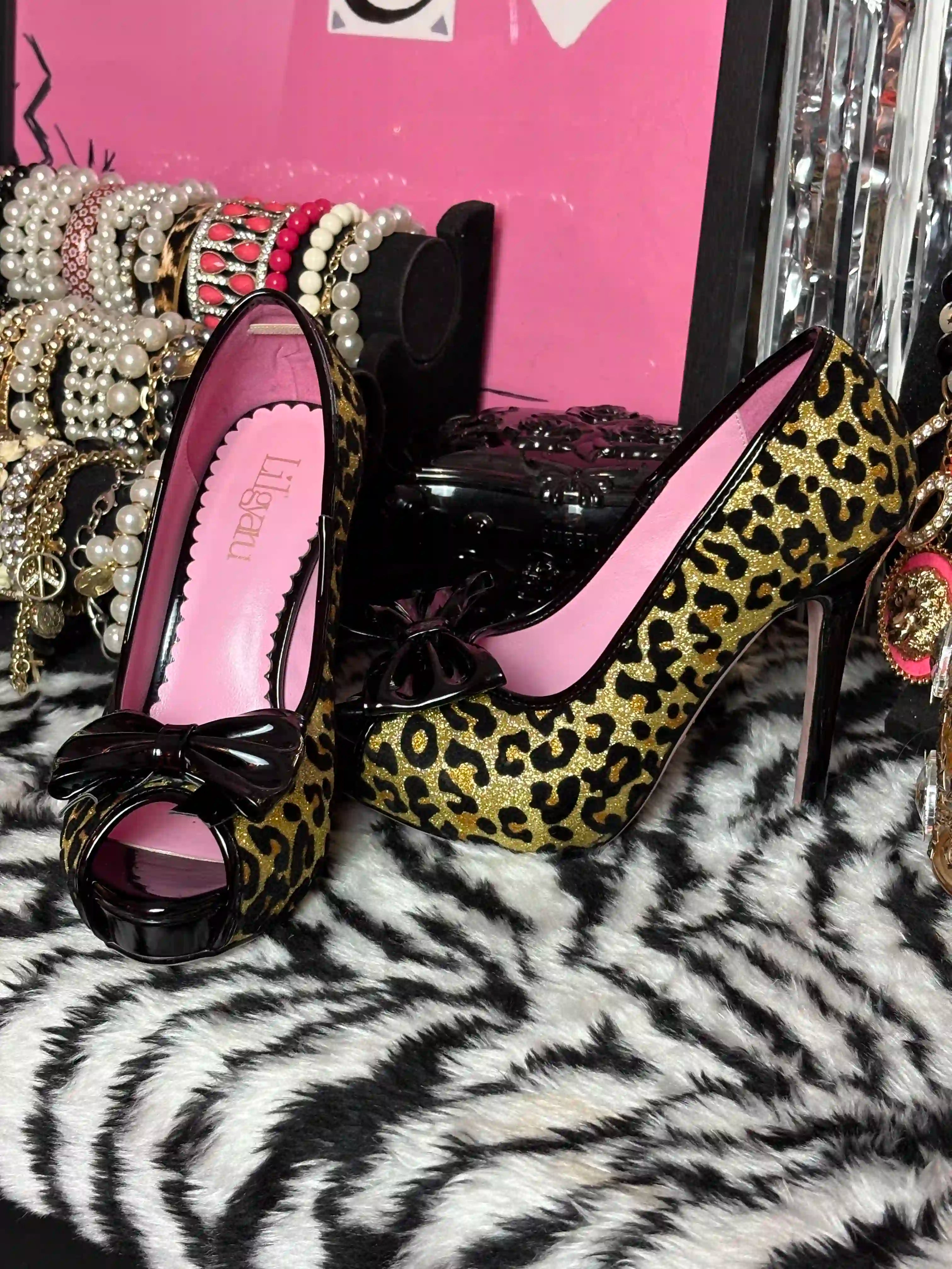 Leopard Print Peep Toe Platform High Heels Shibuya Gal Hime Style
