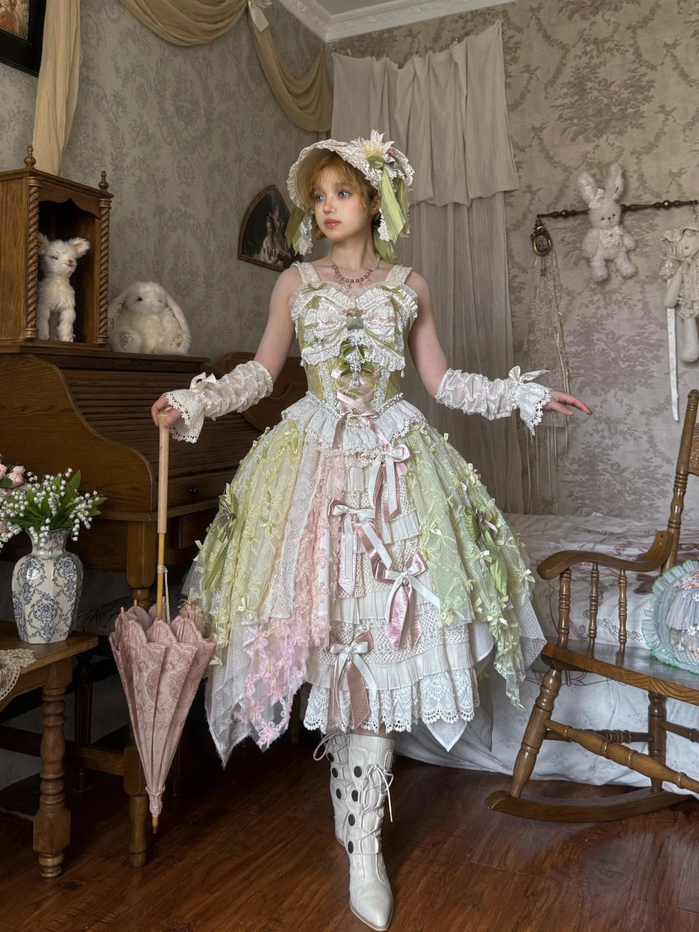 Whisper of Spring Field Lolita Original Green Boned Corset & Skirt Set