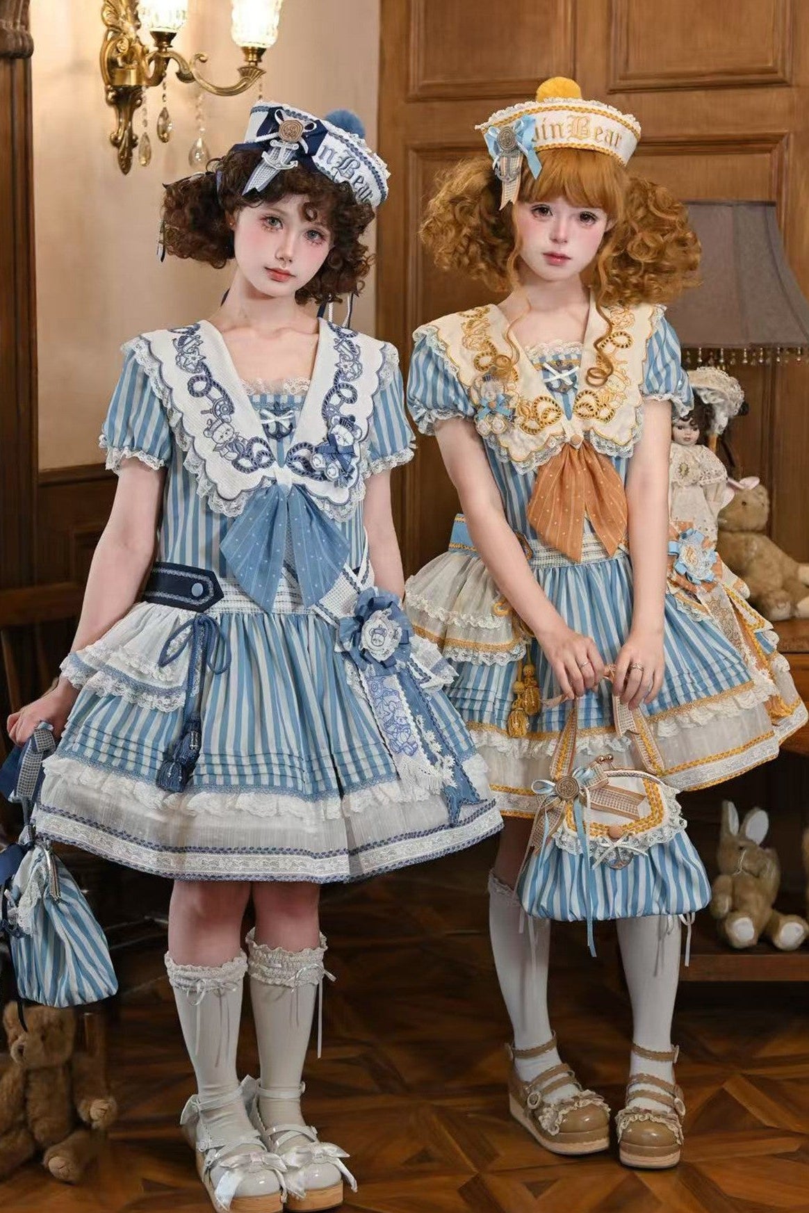 Antique Sailor Bear Blue Stripe Low Waist Lolita OP Dress