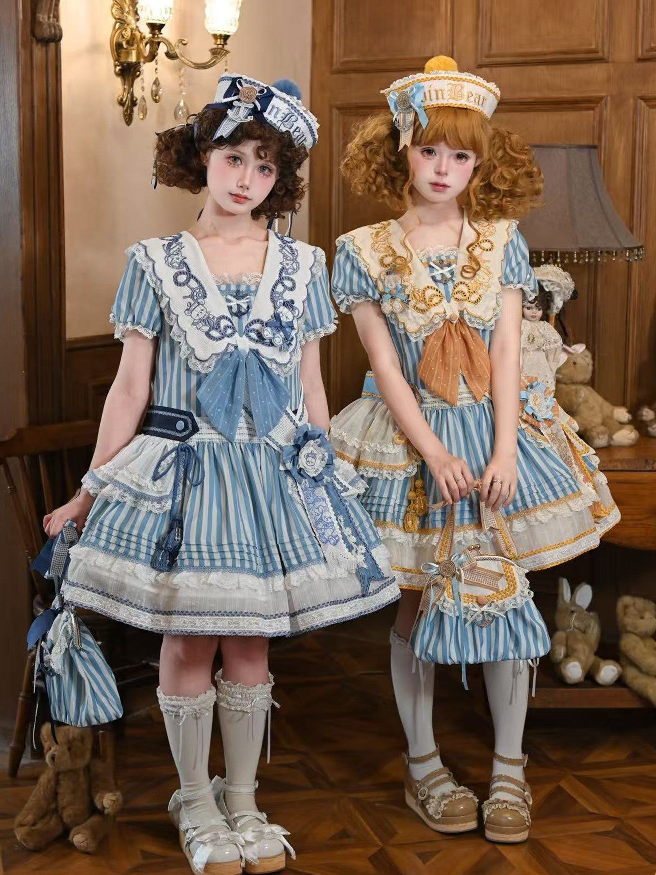 Antique Sailor Bear Blue Stripe Low Waist Lolita OP Dress