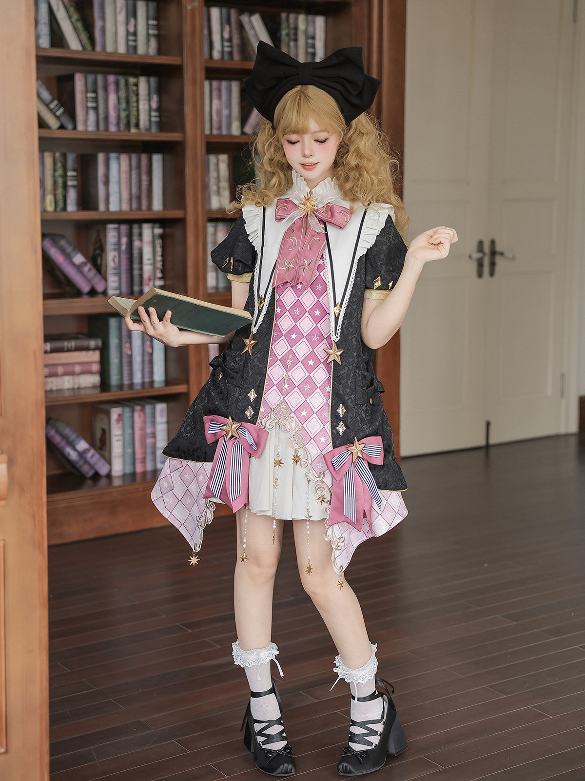 Star Magician Pink Plaid Magic Academy Lolita Coat Dress Set